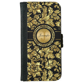 Metallic Black & Gold Vintage Damasks Monogram iPhone 6 Wallet Case