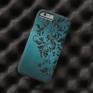 Metallic Blue-Green Brushed Aluminum & Black Lace Tough iPhone 6 Case