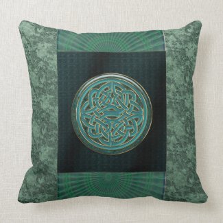 Metallic Celtic Knot on Green Brocade Throw Pillow