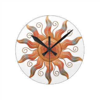 METALLIC COPPER SUN SCULPTURE ROUND WALL CLOCK