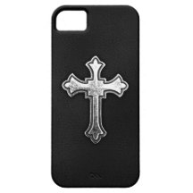 Metallic Crucifix on Black Leather iPhone 5 Cover