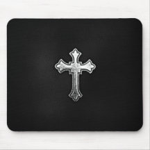 Metallic Crucifix on Black Leather Mouse Pad