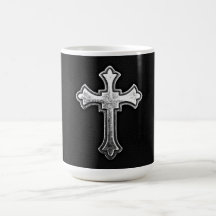 Metallic Crucifix on Black Leather Mug