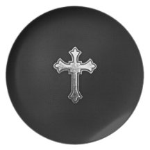 Metallic Crucifix on Black Leather Party Plates