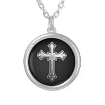 Metallic Crucifix on Black Leather Pendant