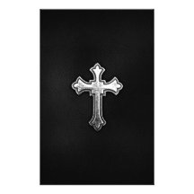 Metallic Crucifix on Black Leather Custom Stationery