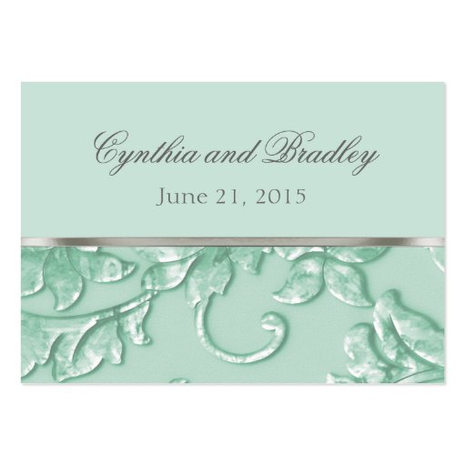 Metallic Embossed Look Damask in Mint Green Business Card Template (front side)