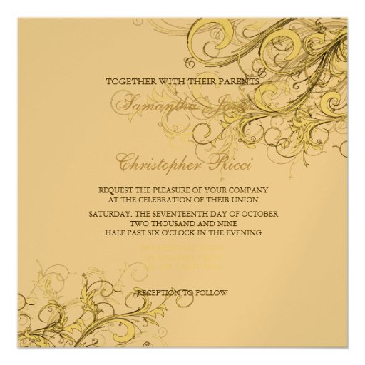 Metallic Gold +  cream swirls  Wedding Invitations