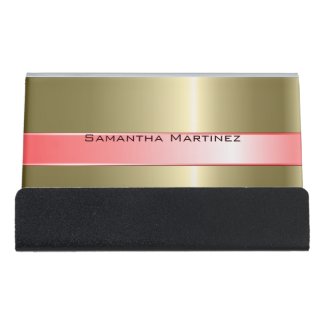 Metallic Gold Stainless Steel And Pink Desk Business Card Holder