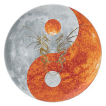 Metallic-Gold Yin & Yang Dragons IV Designer Plate