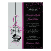 Metallic Pink & Black Swirly Bird Cage Wedding invitations