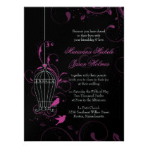 Metallic Pink & Black Swirly Birdcage Wedding invitations