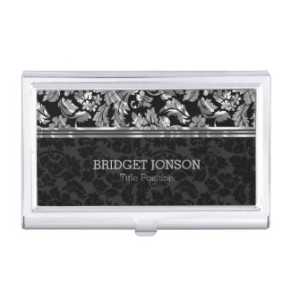 Metallic Silver Gray And Black Damask Business Card Case