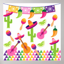 Mexican Fiesta Party Sombrero Saguaro Lime Peppers Posters