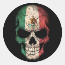 Mexican Flag Skull on Black Round Sticker