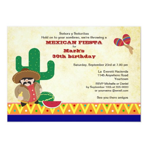 Mexican Hombre with Cactus Fiesta Birthday Invite