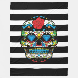 Mexican Sugar Skull With Black Stripes Fleece Blanket