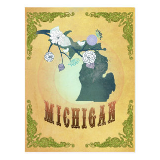 Michigan Map With Lovely Birds Post Cards