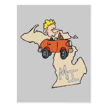 Michigan MI Map & Car Cartoon Art Motto Post Card