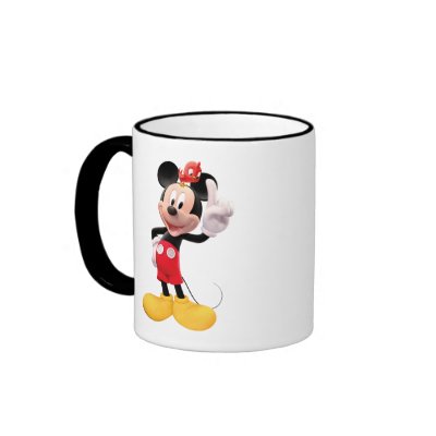 Mickey Mouse raised index finger with red bird mugs