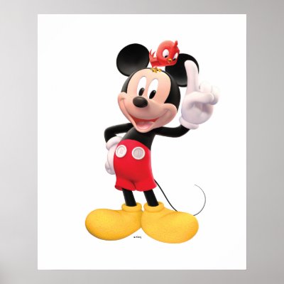 Mickey Mouse raised index finger with red bird posters