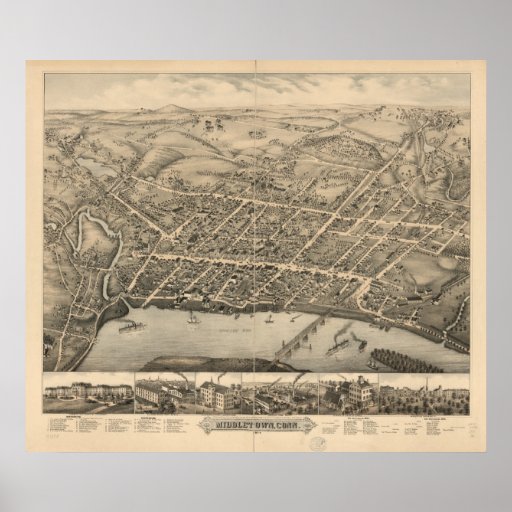 Middletown Connecticut 1877 Antique Panoramic Map Posters