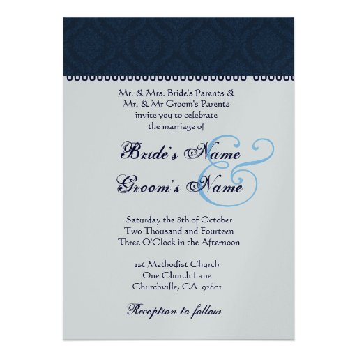 Midnight Blue and Silver Damask Wedding Custom Invite