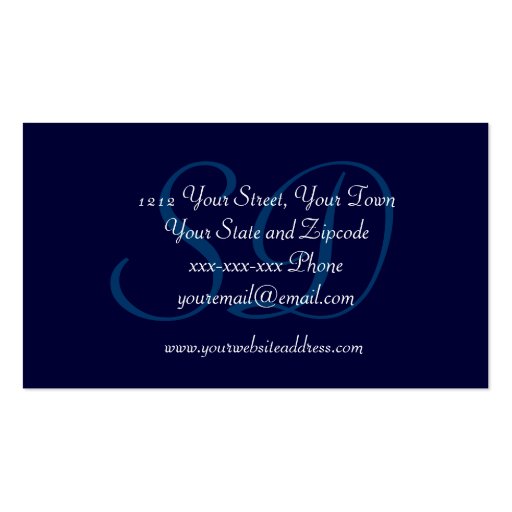 Midnight Blue and White Damask Custom Monogram Business Card Templates (back side)