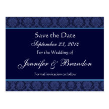 Midnight Blue Damask Save Date Postcard