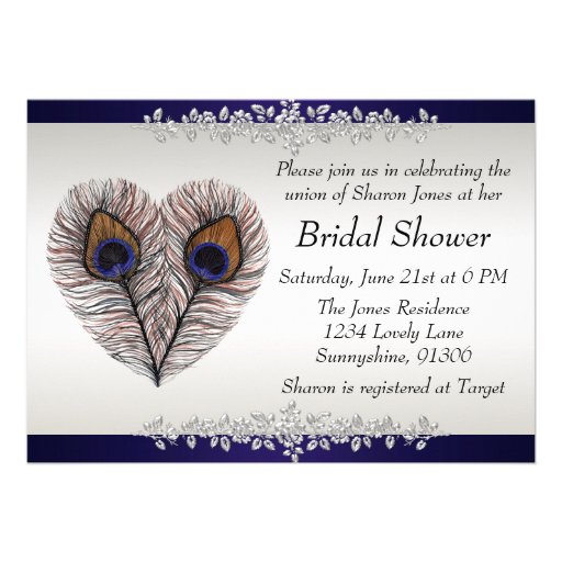 Midnight Blue Peacock Bridal Shower Custom Invitations