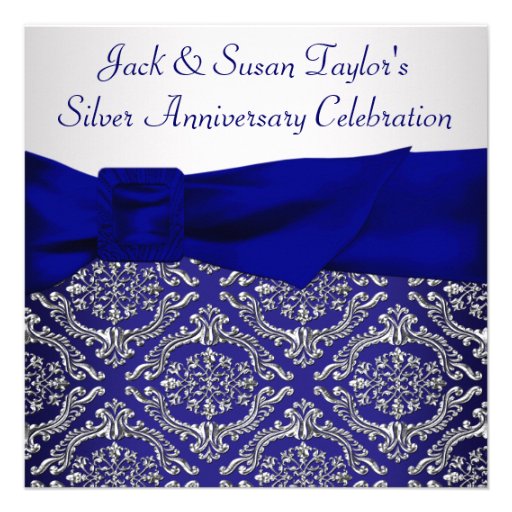 Midnight Blue Silver Damask 25th Anniversary Party Invitation