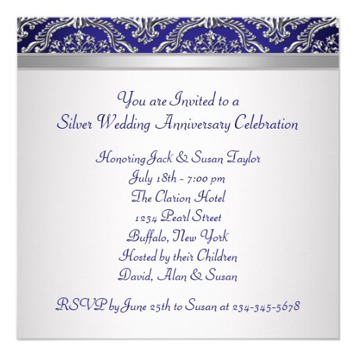 Midnight Blue Silver Damask 25th Anniversary Party Invitation