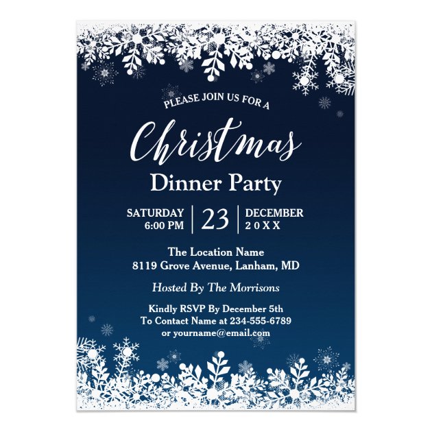 Midnight Blue Snowflakes White Christmas Party Card