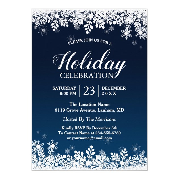 Midnight Blue White Snowflakes Holiday Celebration Card (front side)