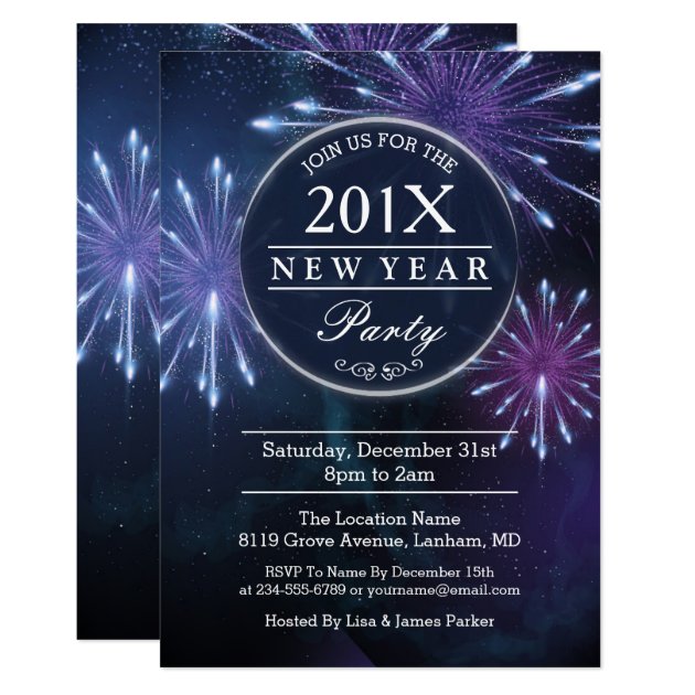 Midnight Fireworks Starry Sky New Year's Eve Party Card (front side)
