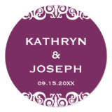 Midnight plum Victorian scroll wedding favor label Round Sticker