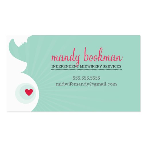 MIDWIFE DOULA CARD pregnant belly heart mint green Business Cards (front side)