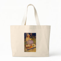 Miguela, kneeling still, put it to her lip tote bags