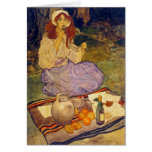Miguela, kneeling still, put it to her lip greeting cards