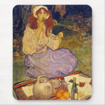 Miguela, kneeling still, put it to her lip mousepads