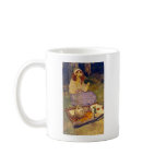 Miguela, kneeling still, put it to her lip mug