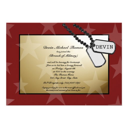 Military Going Away Party Gold and Red Invites (front side)