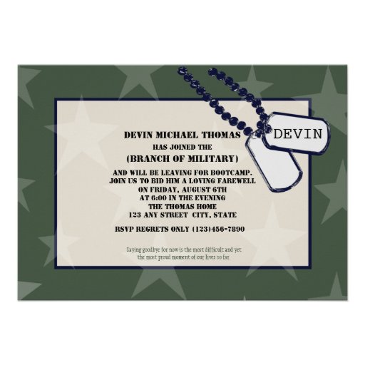 Military Going Away Party Green Stars Custom Invite (front side)