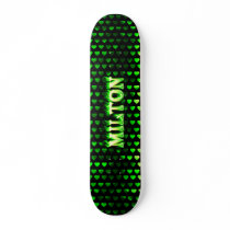 Milton skateboard green fire and flames design.