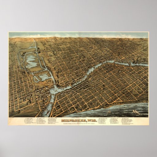 Milwaukee birdseye map  - 1872 (Bailey) BigMapBlog Posters
