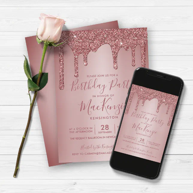 Minimalist Rose Gold Glitter Drips Birthday Invitation Zazzle