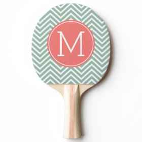 Mint and Coral Chevrons with Custom Monogram Ping Pong Paddle