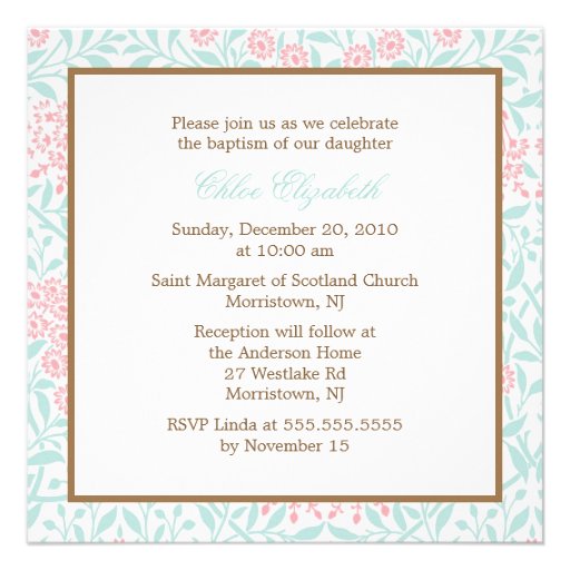 Mint and Coral Floral Damask Christening Custom Announcements