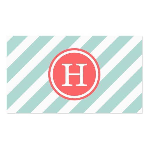 Mint and Coral Modern Stripes Monogram Business Card Templates (front side)