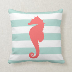 Mint and Coral Nautical Stripes and Cute Seahorse Pillow
